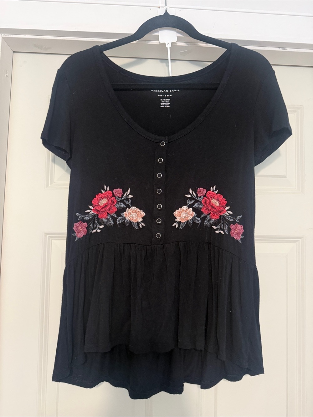 American Eagle Outfitters Black Floral Embroidered Henley Tunic